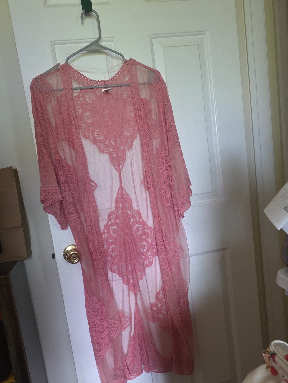 Sheer Pink Lace Kimono Robe - Women's Intimates